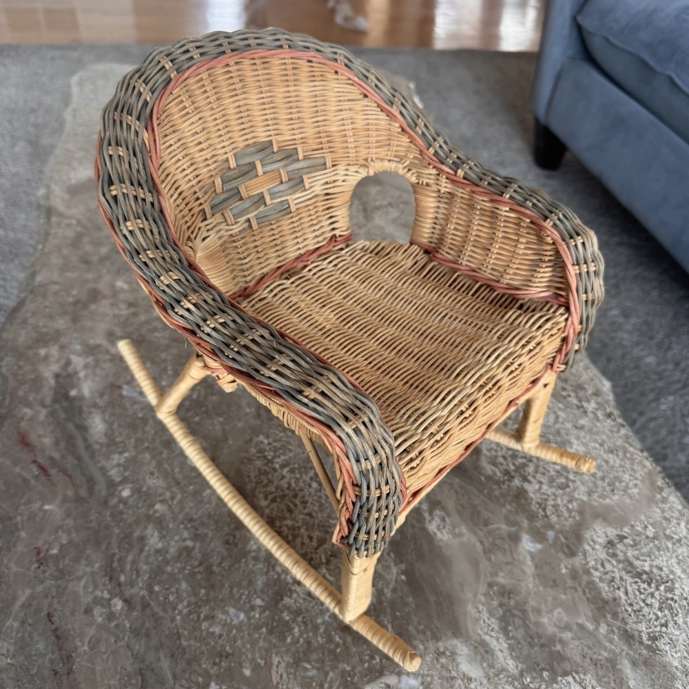 Vintage Wicker Miniature Doll Chair Rocking 80s Style Woven American Girl Rocker